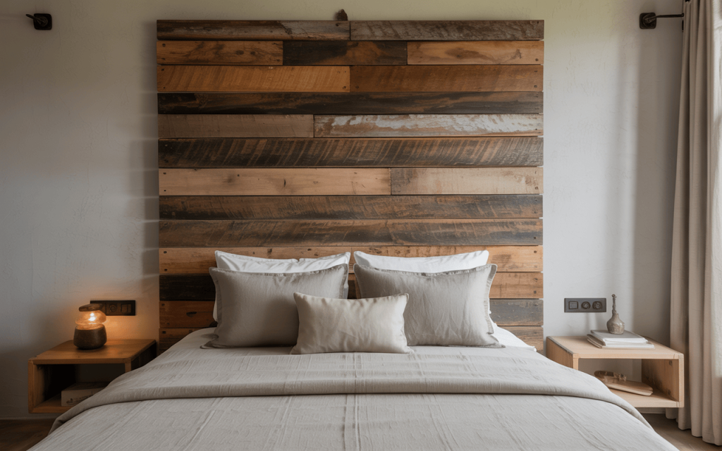 Handmade wooden bed design with headboard adding warmth and natural charm