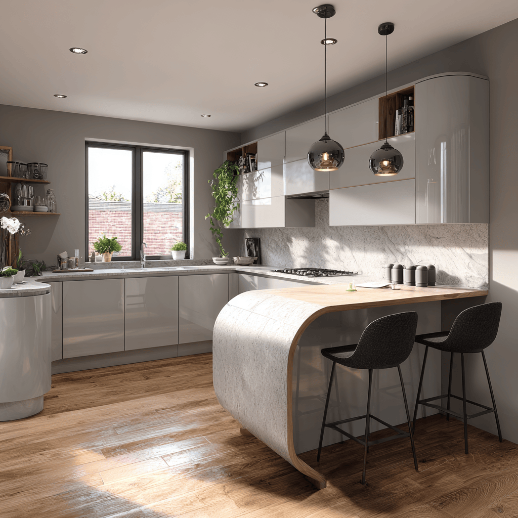C shaped kitchen with breakfast bar featuring sleek cabinets and soft lighting