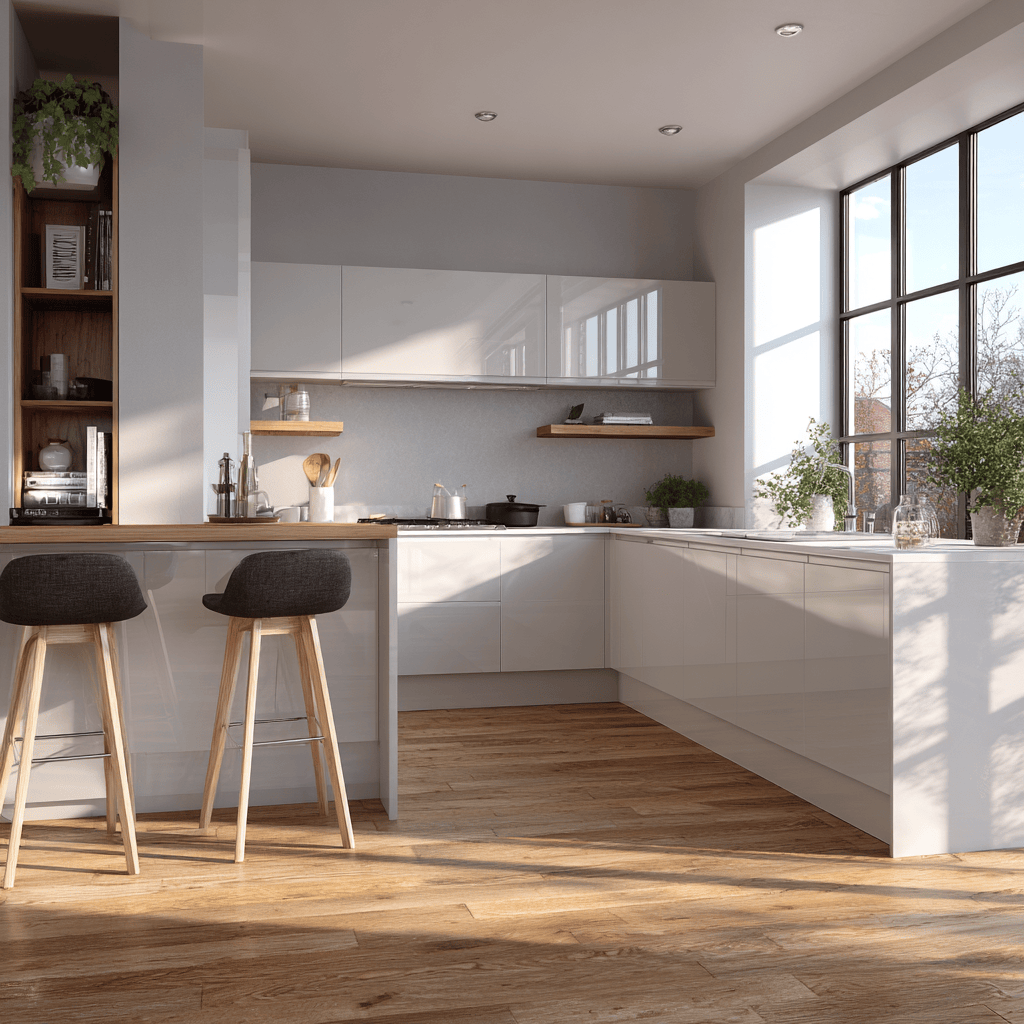 C shaped kitchen with breakfast bar featuring glossy cabinets and natural light