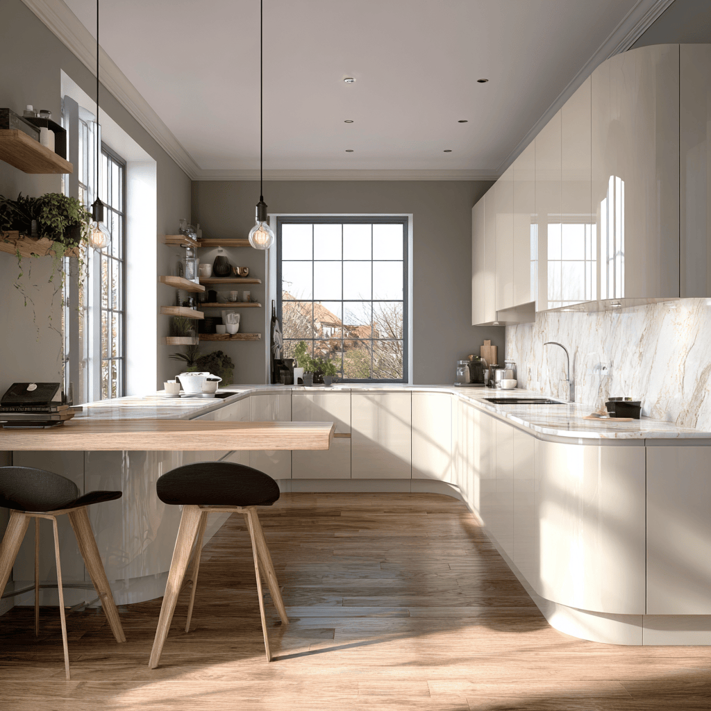 Cshaped kitchen with breakfast bar featuring modern cabinets and natural light
