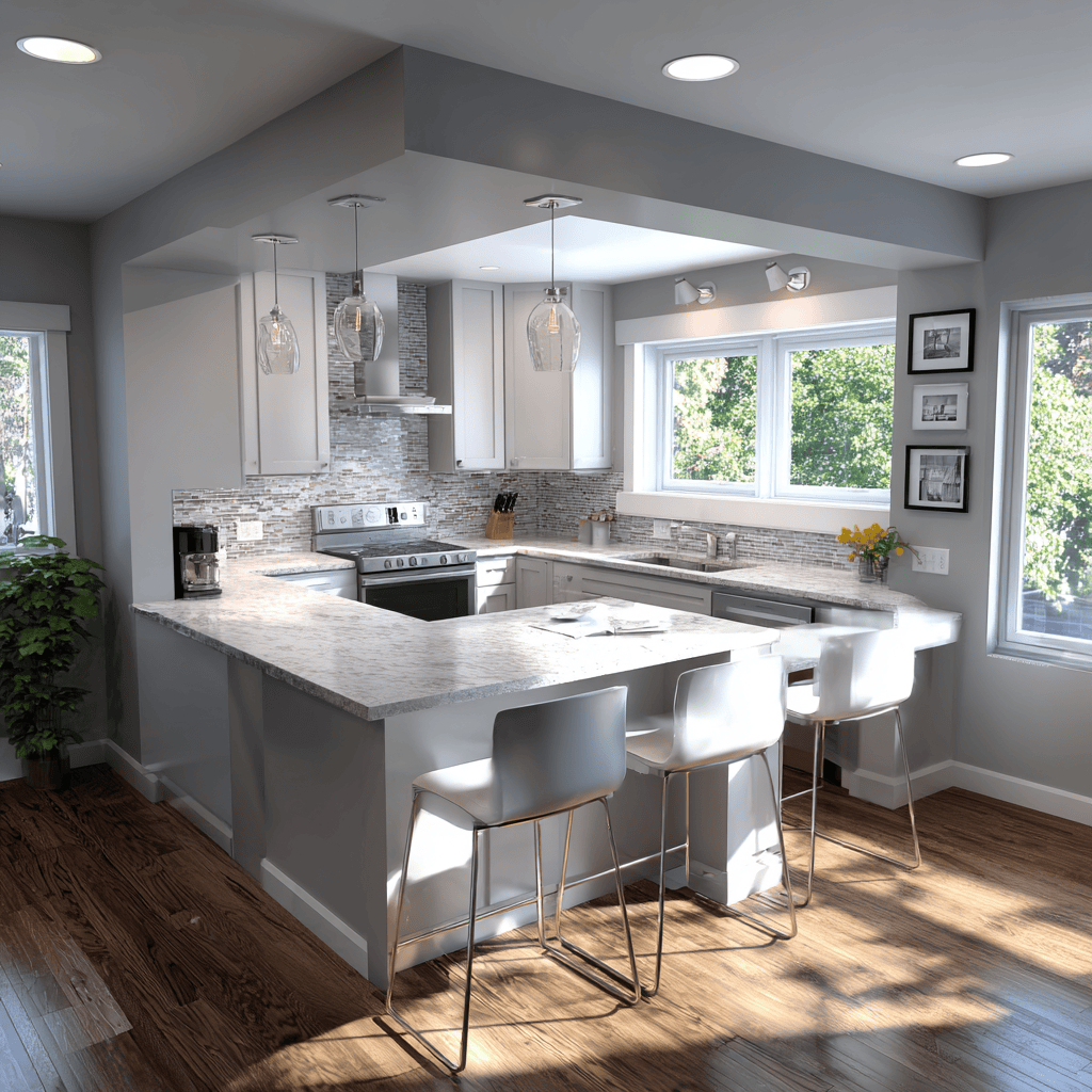 Modern c shaped kitchen with breakfast bar featuring bright interiors and smart layout