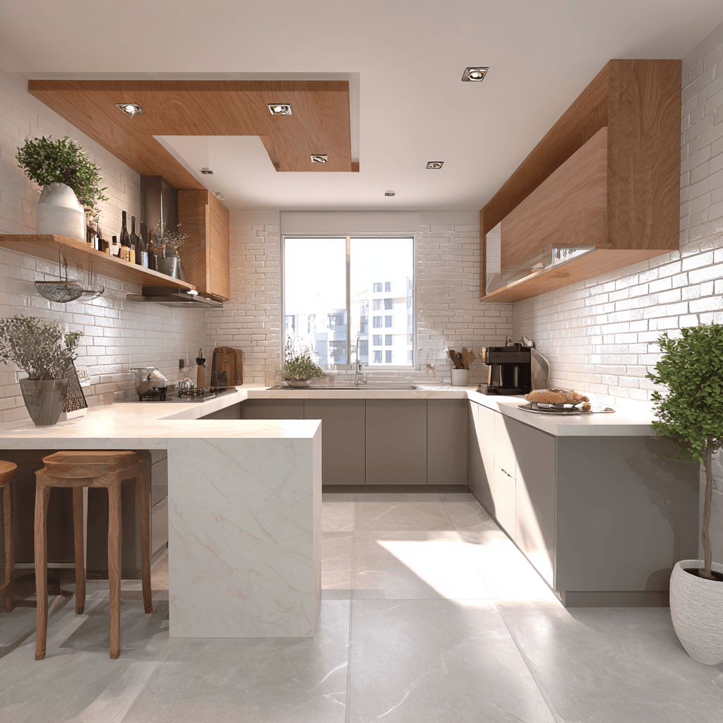 Modern c shaped kitchen with breakfast bar in bright modular layout