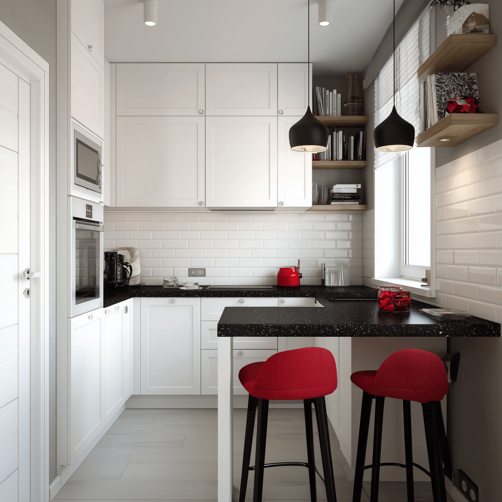 Modern c shaped kitchen with breakfast bar featuring compact layout and sleek storage