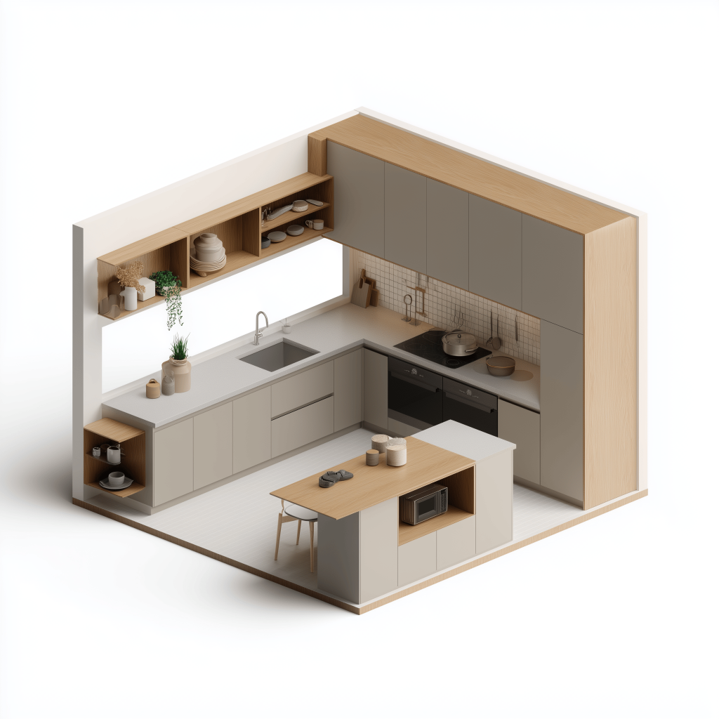 Modern U-shaped low cost modular kitchen design 3D view