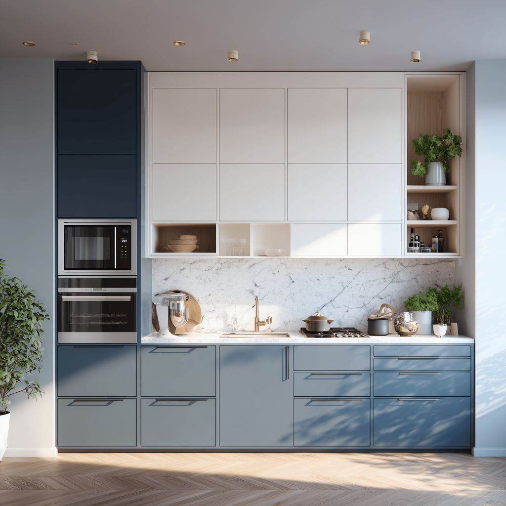 Modern home interior design with blue straight kitchen layout