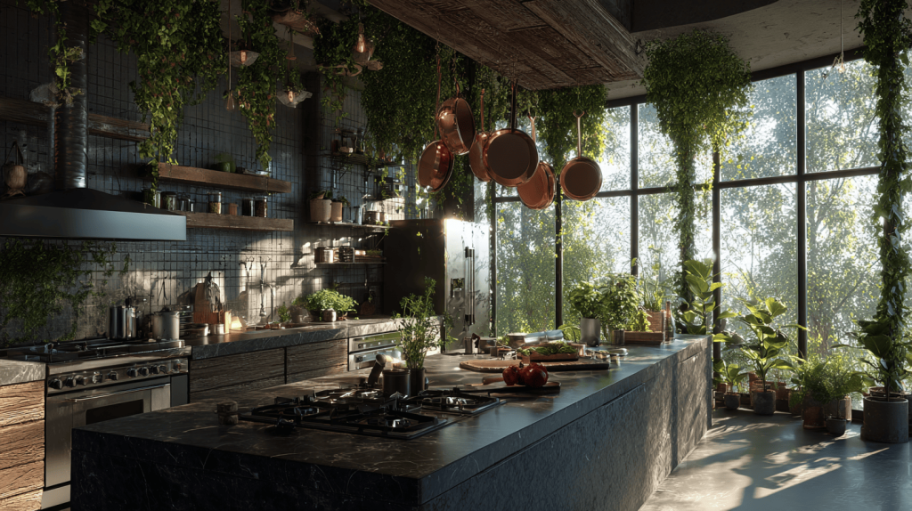 Wooden kitchen rack with open shelves, hanging pans and lush green decor