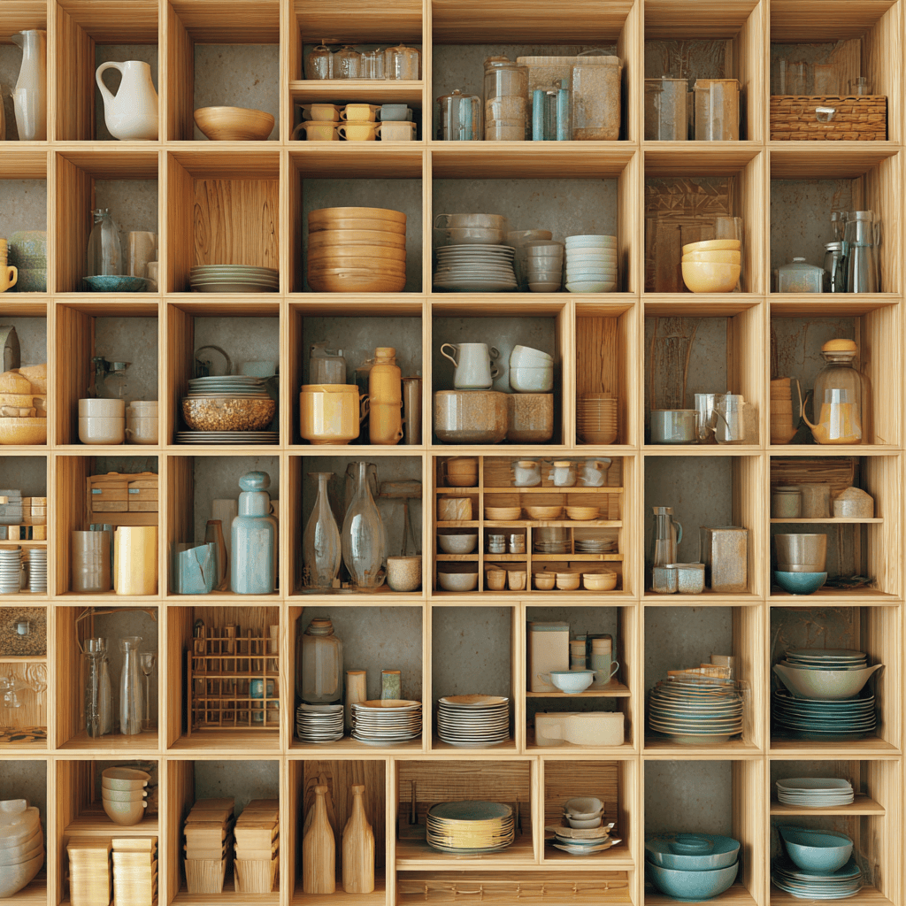 Wooden kitchen rack with open cubby shelves for organized cookware display