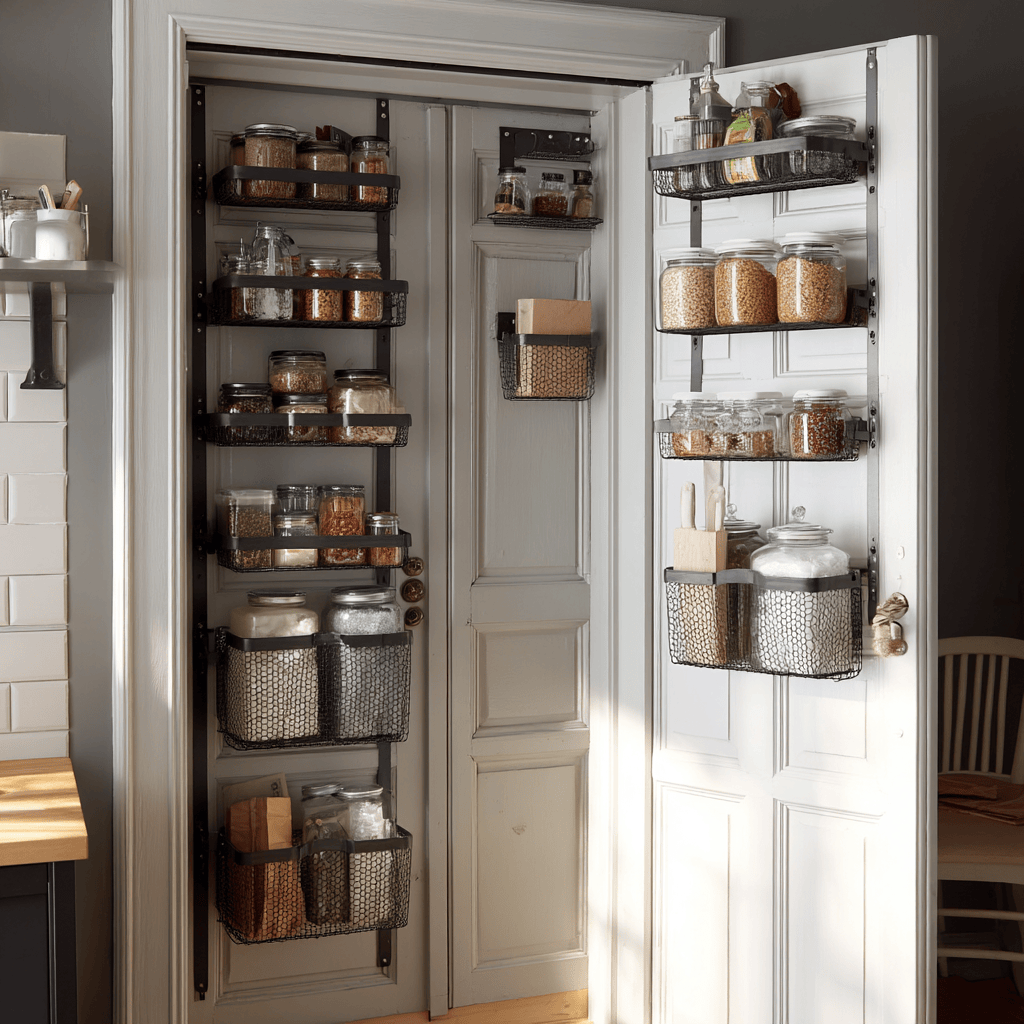 Elegant wooden kitchen wall rack pantry door storage with jars and baskets
