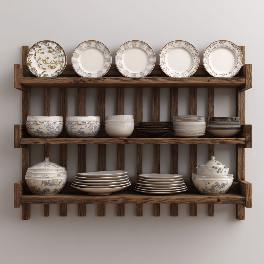 Elegant wooden kitchen wall rack displaying neatly arranged plates and bowls