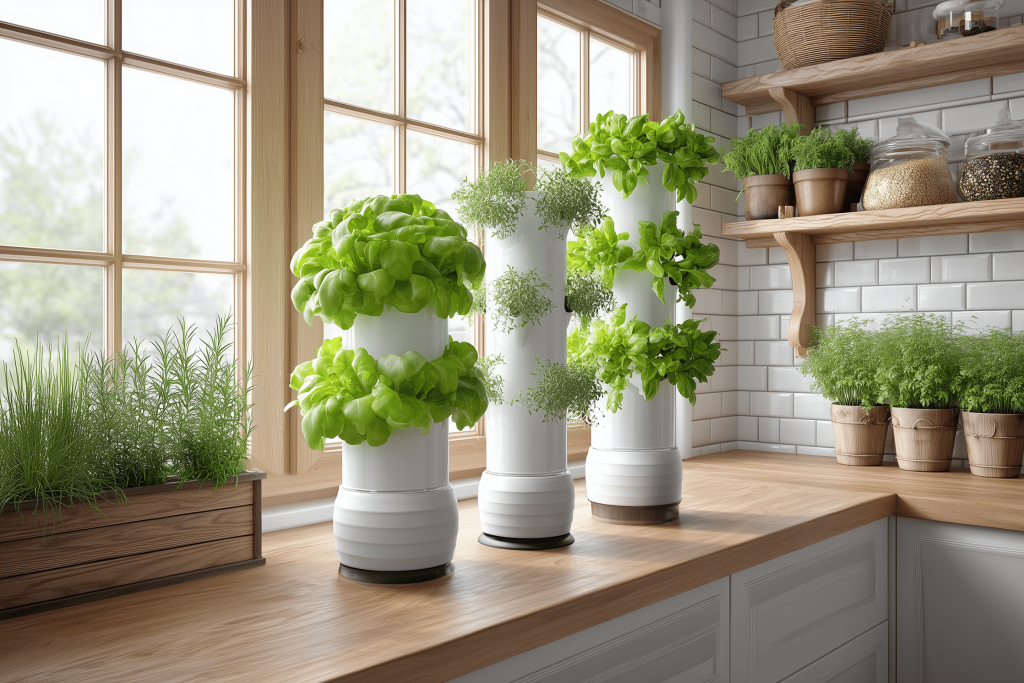 Modern wooden kitchen wall rack with fresh herbs and plants on a bright countertop