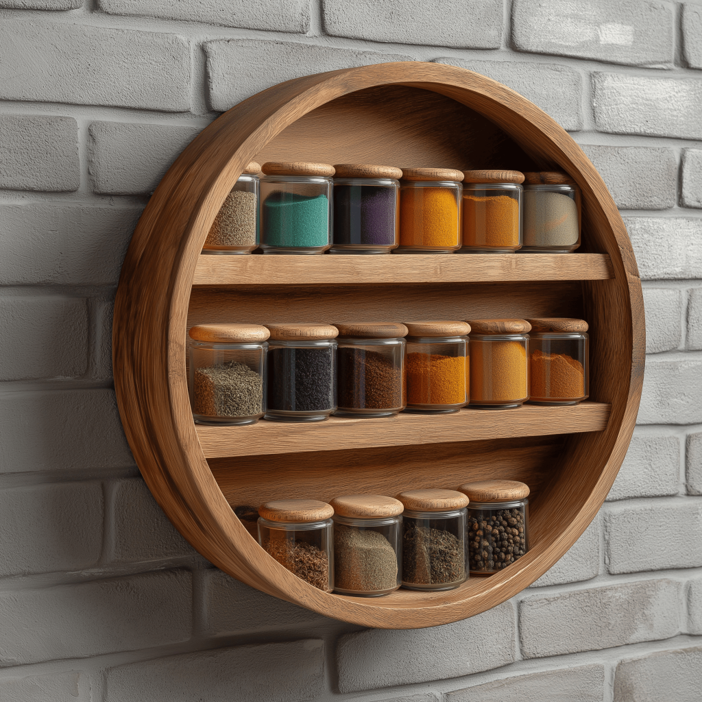 Modern wooden kitchen wall rack with round design for stylish spice storage