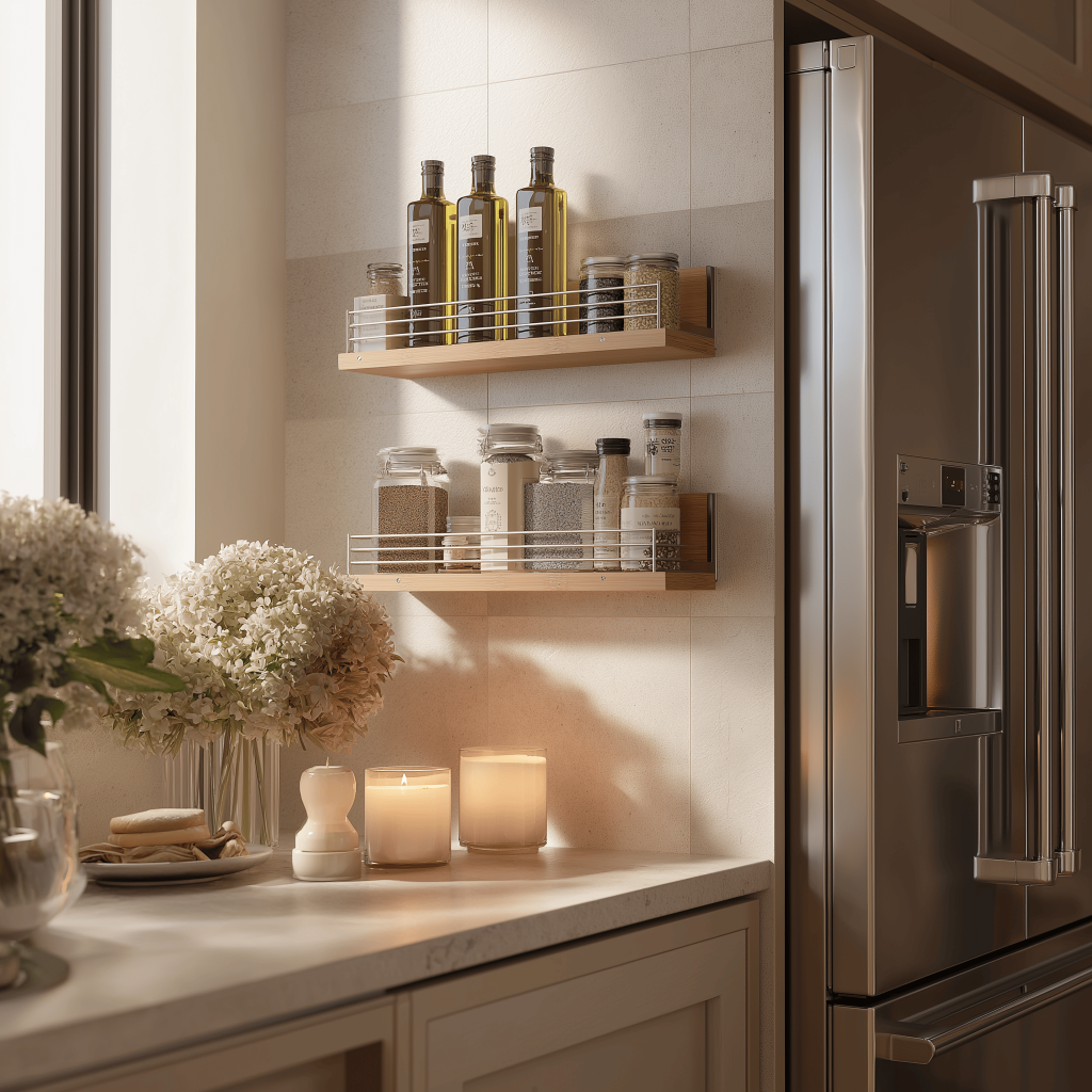 Elegant wooden kitchen wall rack with spice jars and oil bottles near fridge