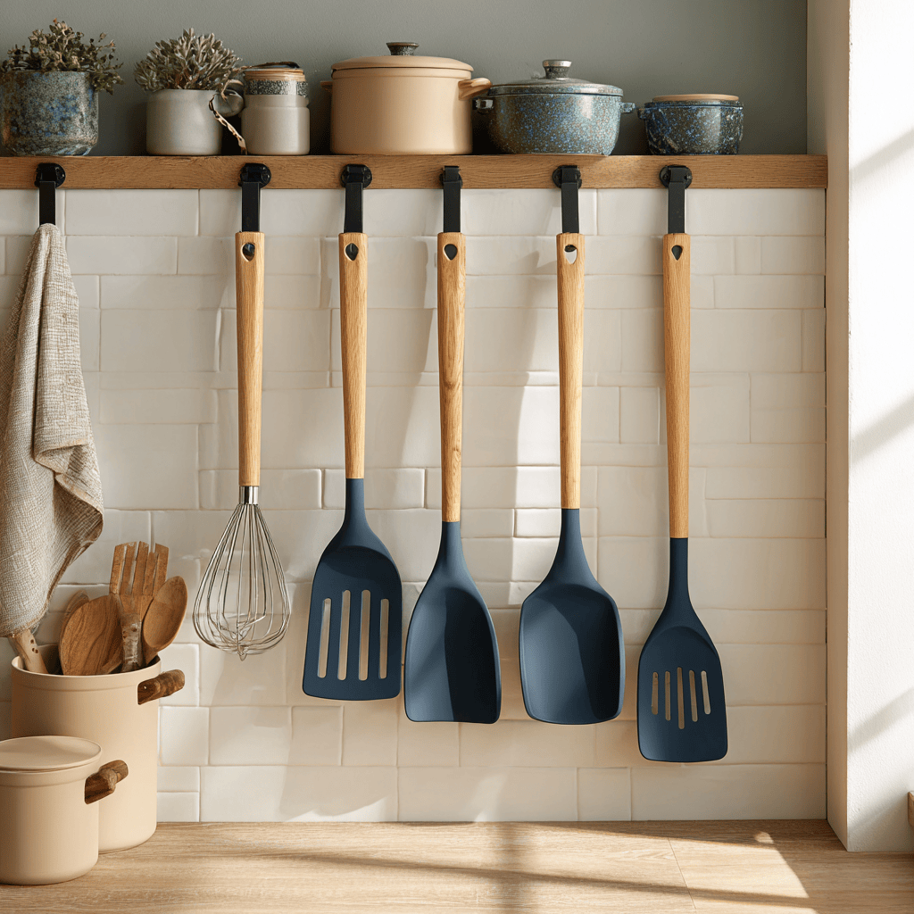 Elegant wooden kitchen wall rack with hanging utensils and minimalist decor