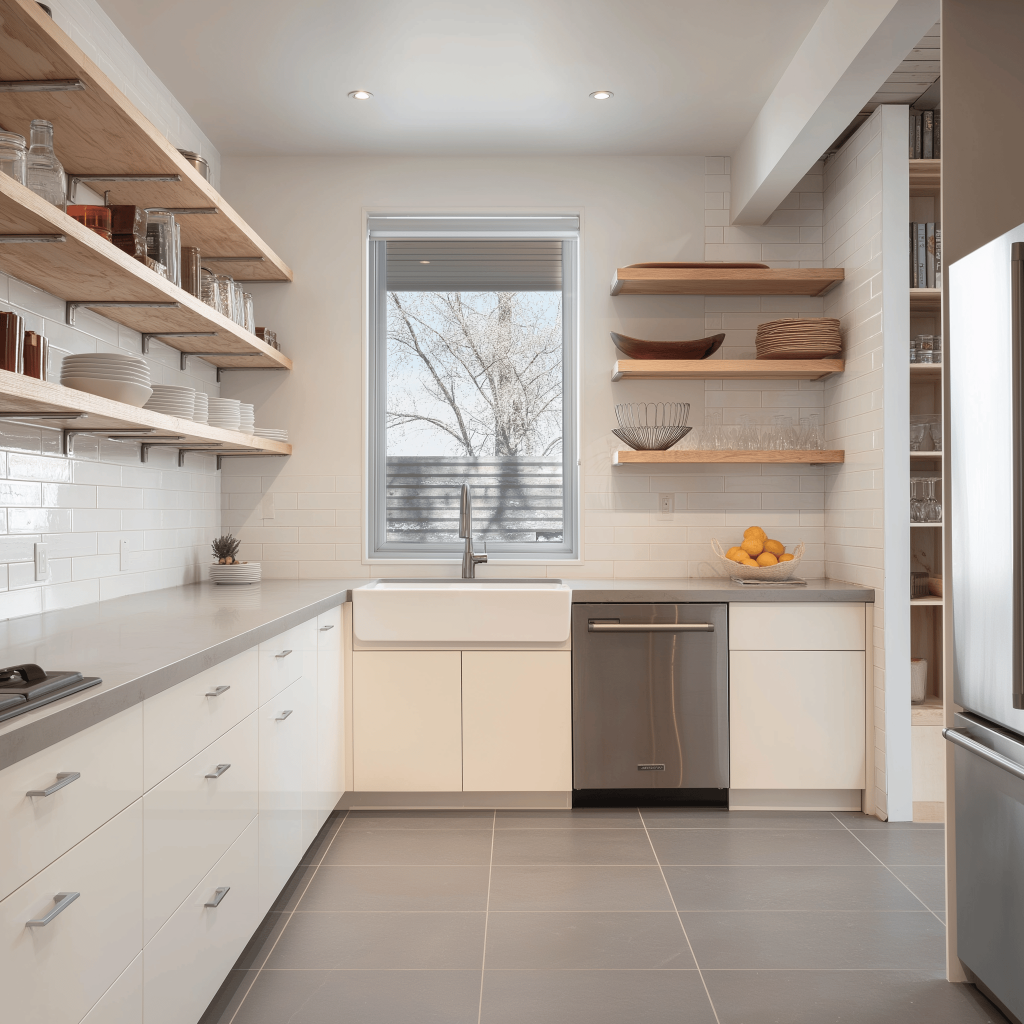 Wooden kitchen wall rack with open shelves displaying jars, bowls and decor