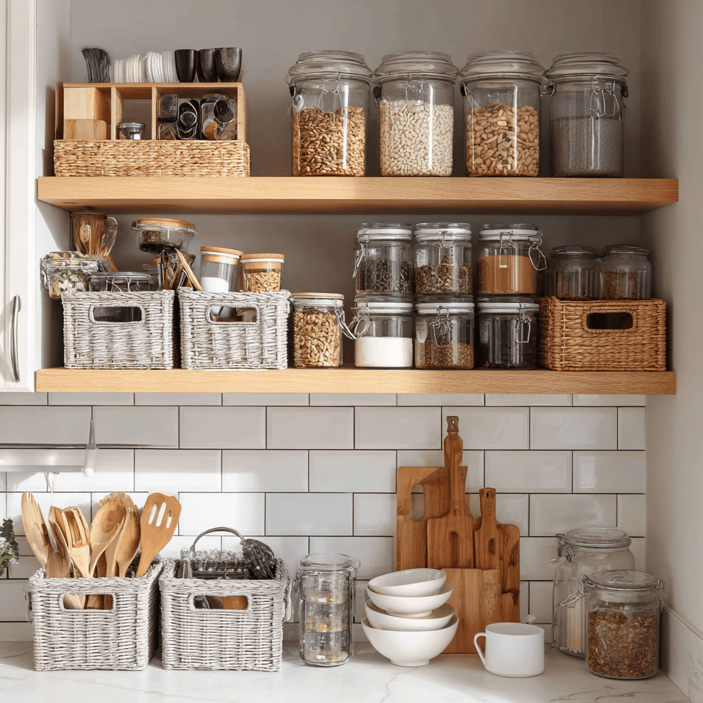Modern wooden kitchen wall rack with open shelves for jars, bowls and decor