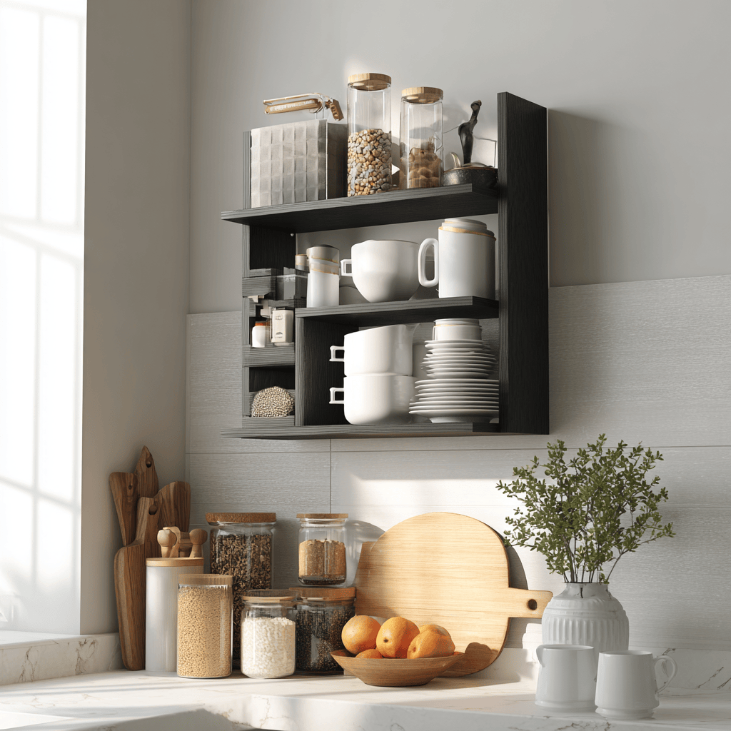 Elegant wooden kitchen wall rack with modern shelves for organized storage