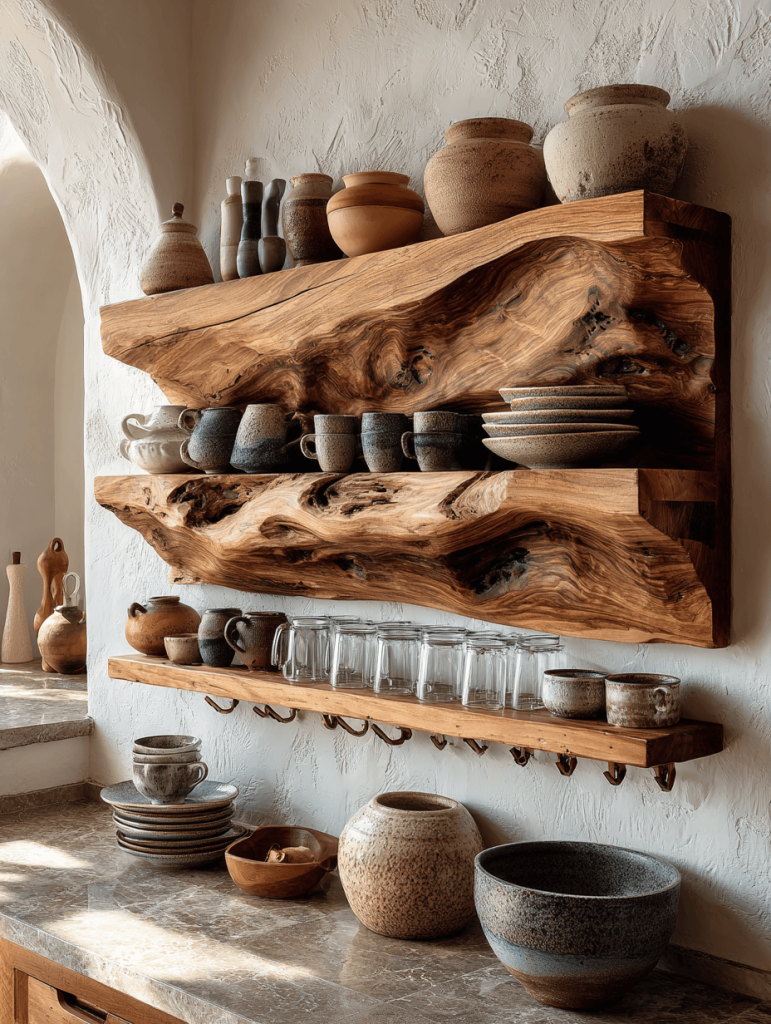 Rustic wooden kitchen wall rack with handcrafted shelves and ceramic decor