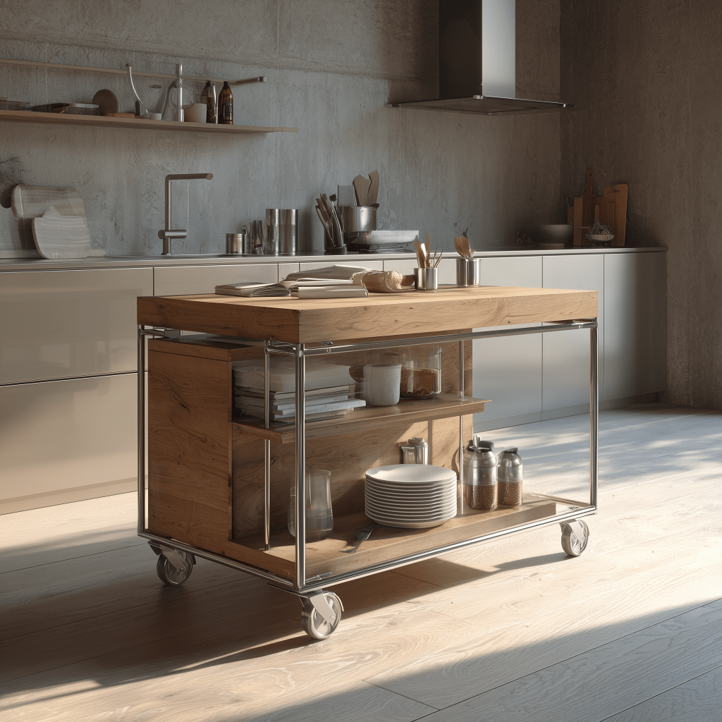Modern wooden kitchen rack designs with rolling island storage and open shelves