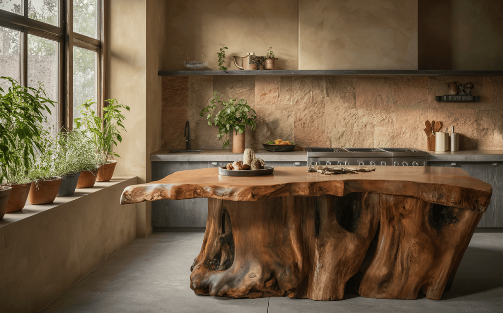 Rustic kitchen interior design with live edge wood island and natural accents