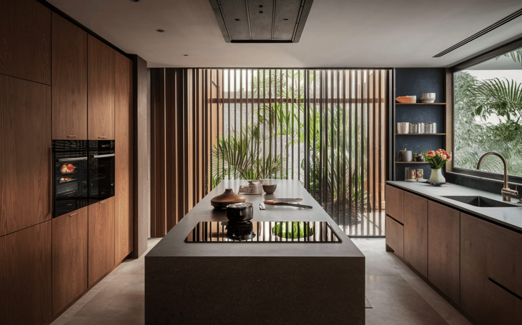 Natural open kitchen design with wooden cabinetry and lush outdoor garden view