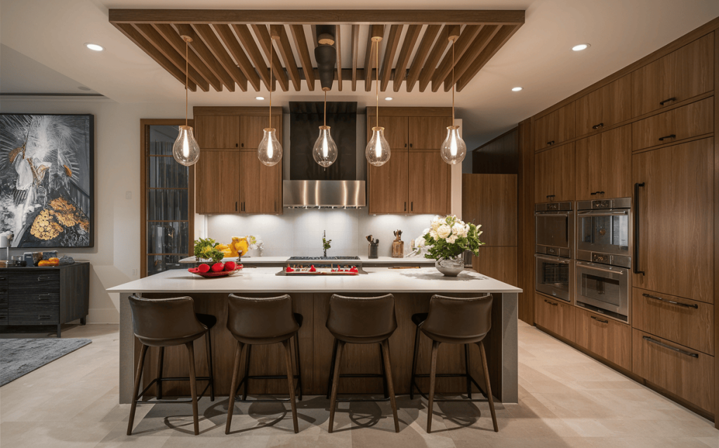 Modern kitchen interior design with wood cabinetry and elegant lighting