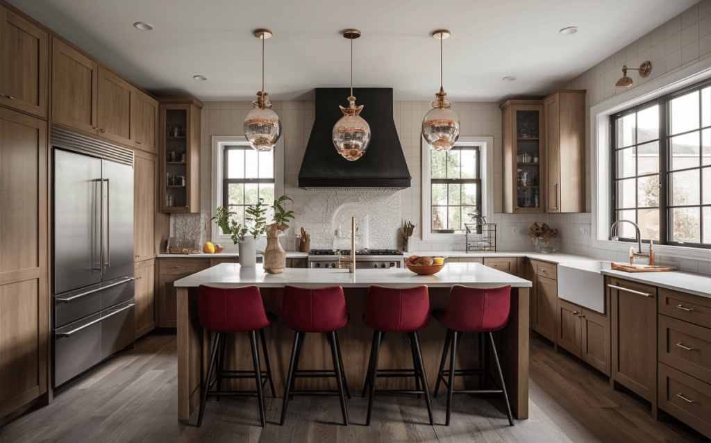 Kitchen design with wooden cabinets and red chairs for a warm modern look