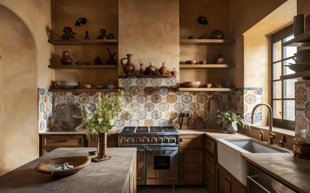 Cozy simple kitchen design with rustic tiles and wooden shelves for warm ambiance