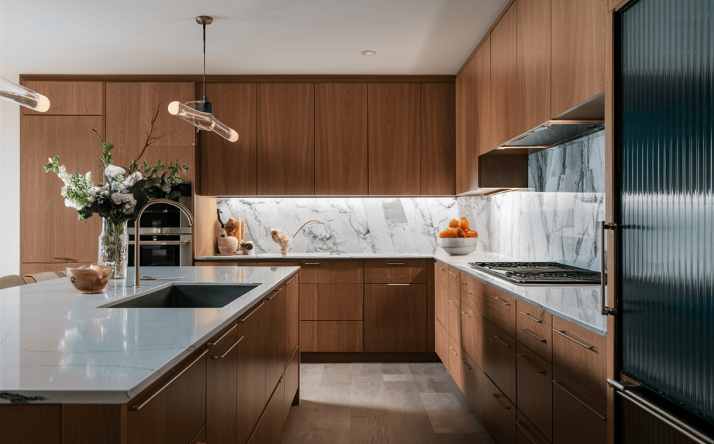 Contemporary kitchen interior design with wooden cabinets and marble backsplash