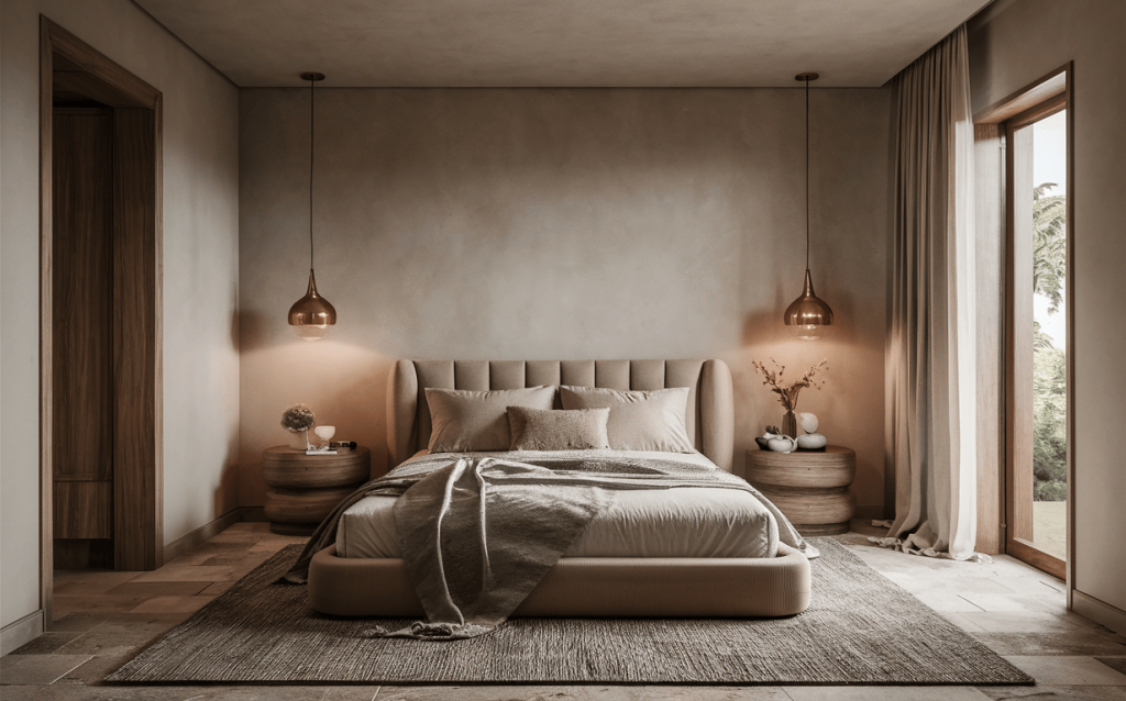Minimal bedroom paint colors in warm beige tones with soft lighting and natural texture