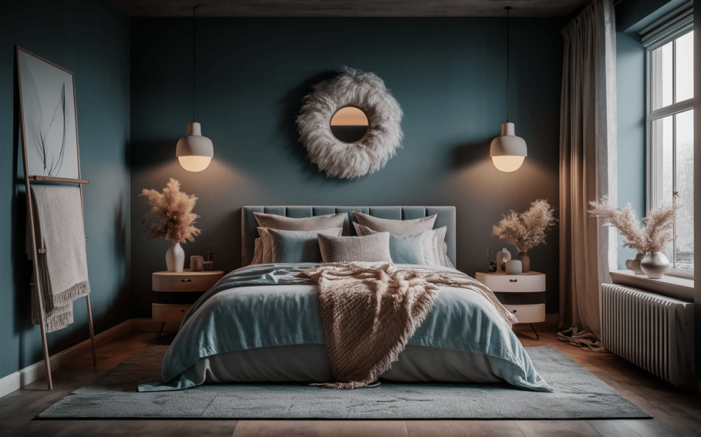 Elegant bedroom wall colours in calming teal blue tones with cozy modern decor