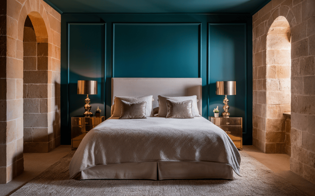 Stylish best colour combination for bedroom with teal blue walls and neutral bedding