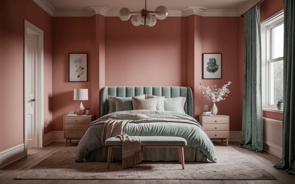 Elegant two colour combination for bedroom walls with coral pink and mint green tones