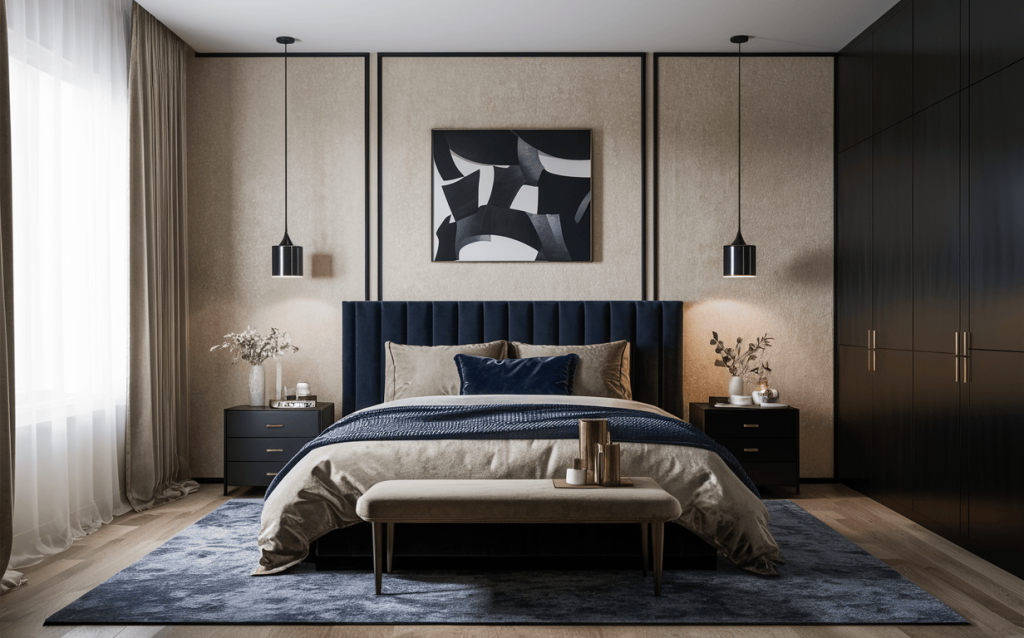Latest master bedroom interior design with navy blue and gold modern decor