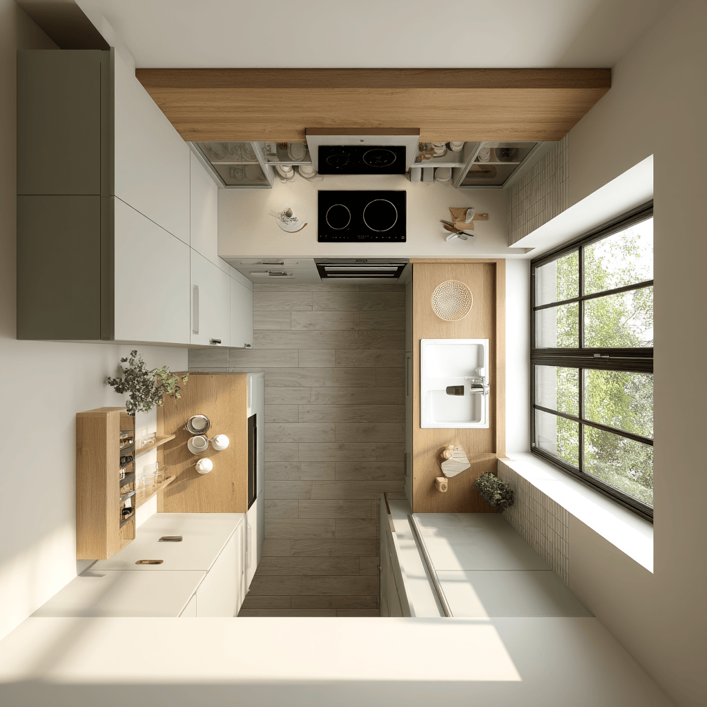 Modular kitchen cost per sq ft with space-saving galley layout and wooden finish