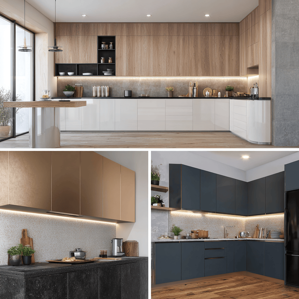 Modular kitchen design cost showcasing modern layouts with wooden and matte finishes