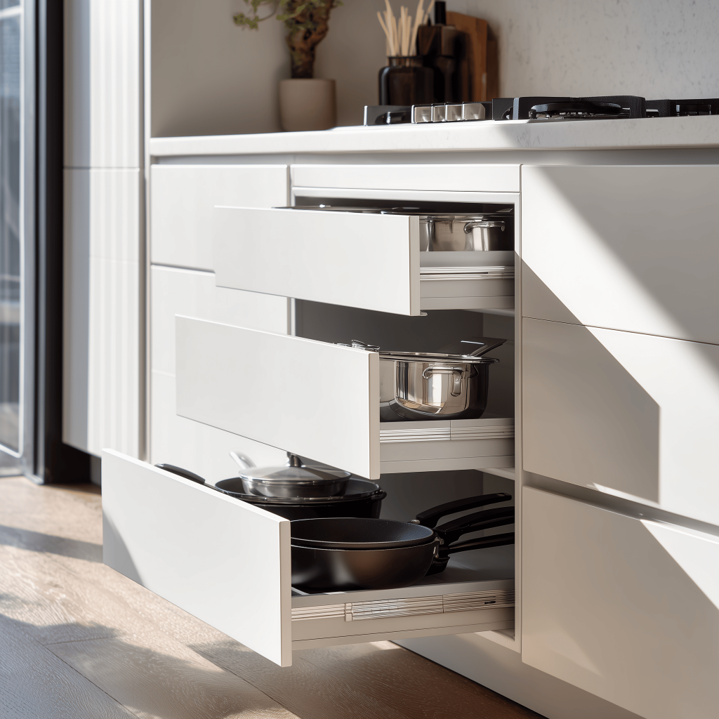 Modular kitchen basket types and cost displayed with pull out drawer storage