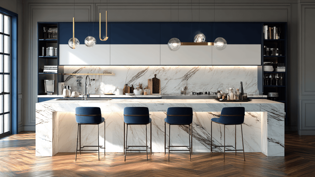 Sleek modular kitchen cost with marble island counter and modern bar seating
