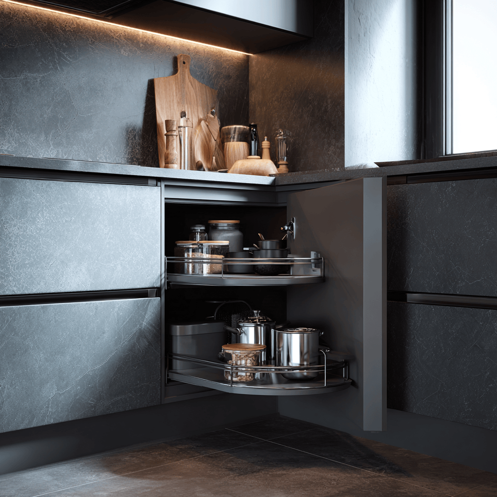 Smart modular kitchen basket types and cost with corner carousel storage unit
