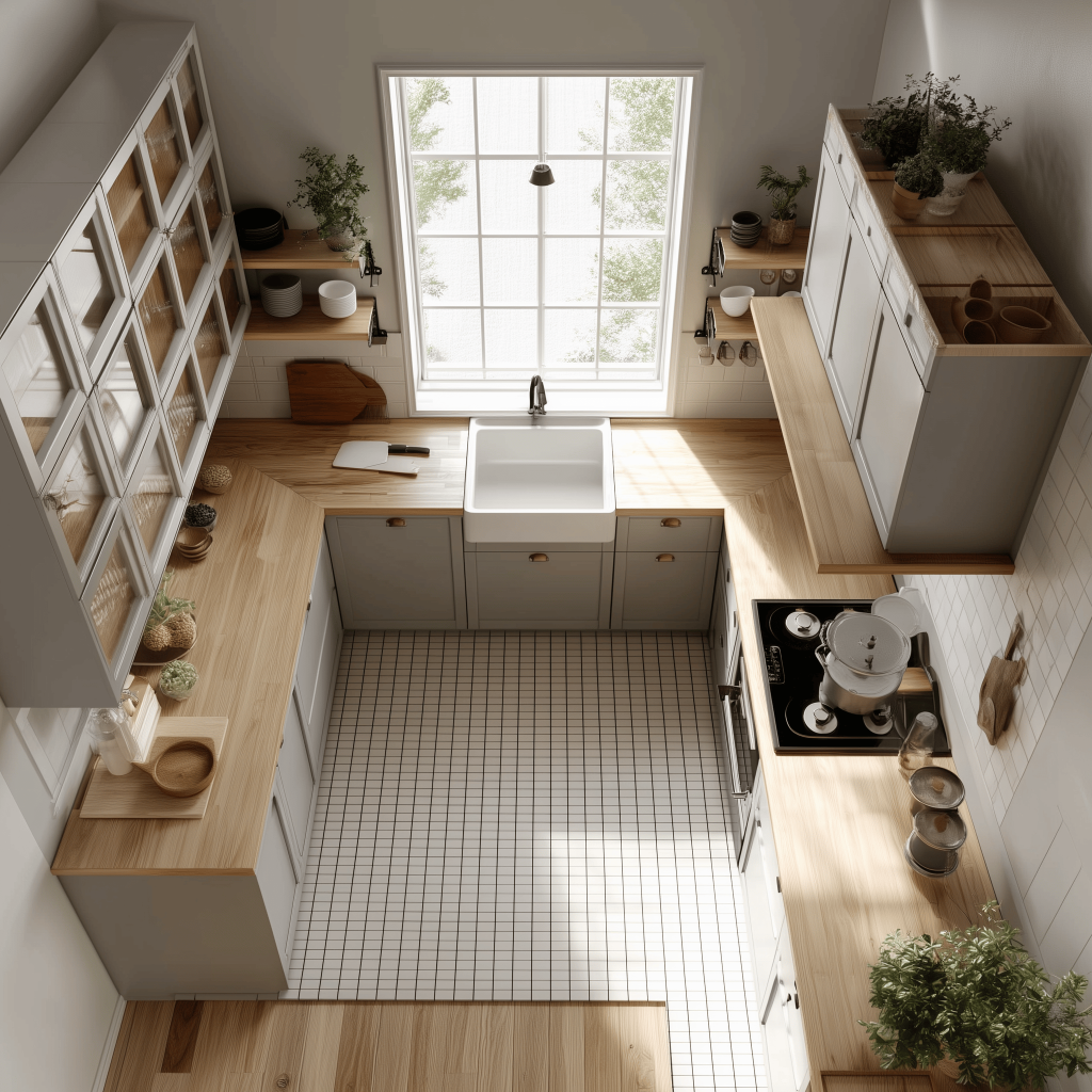 Modular kitchen cost per sq ft with compact U-shaped wooden layout