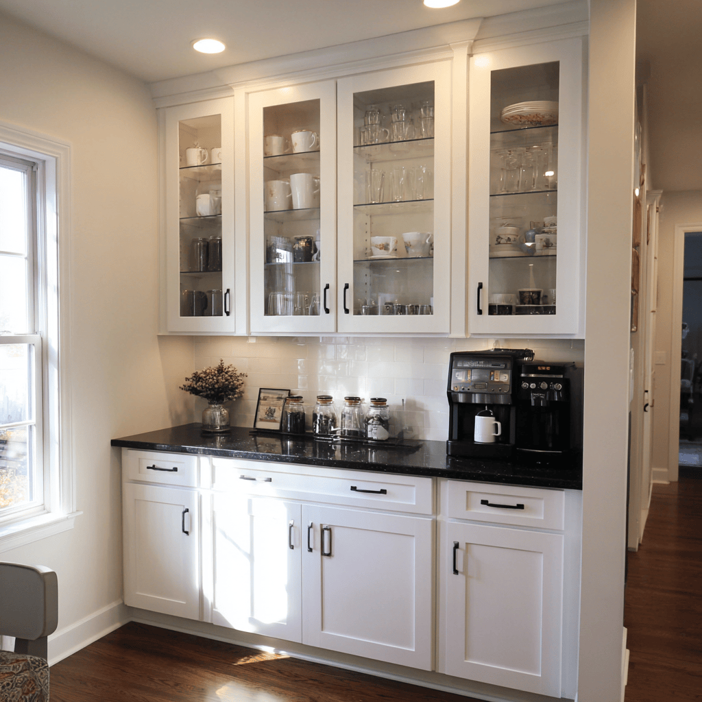 Cost effective modular kitchen with glass cabinets and compact coffee station