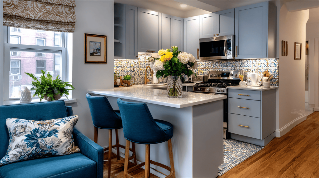 Elegant modular kitchen design cost with island counter and soft blue cabinets