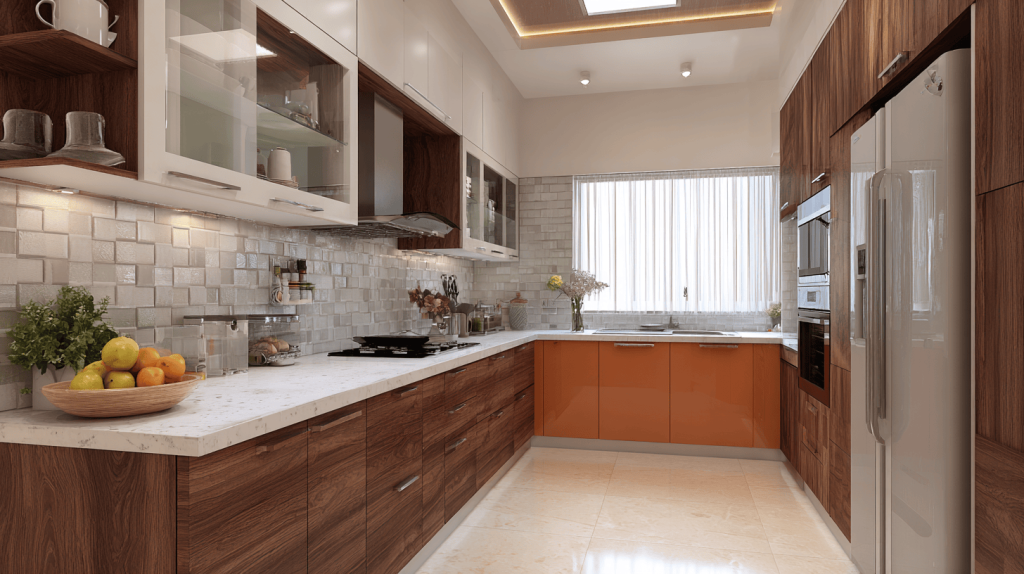 Stylish modular kitchen cost estimate with L-shaped layout and wooden cabinets