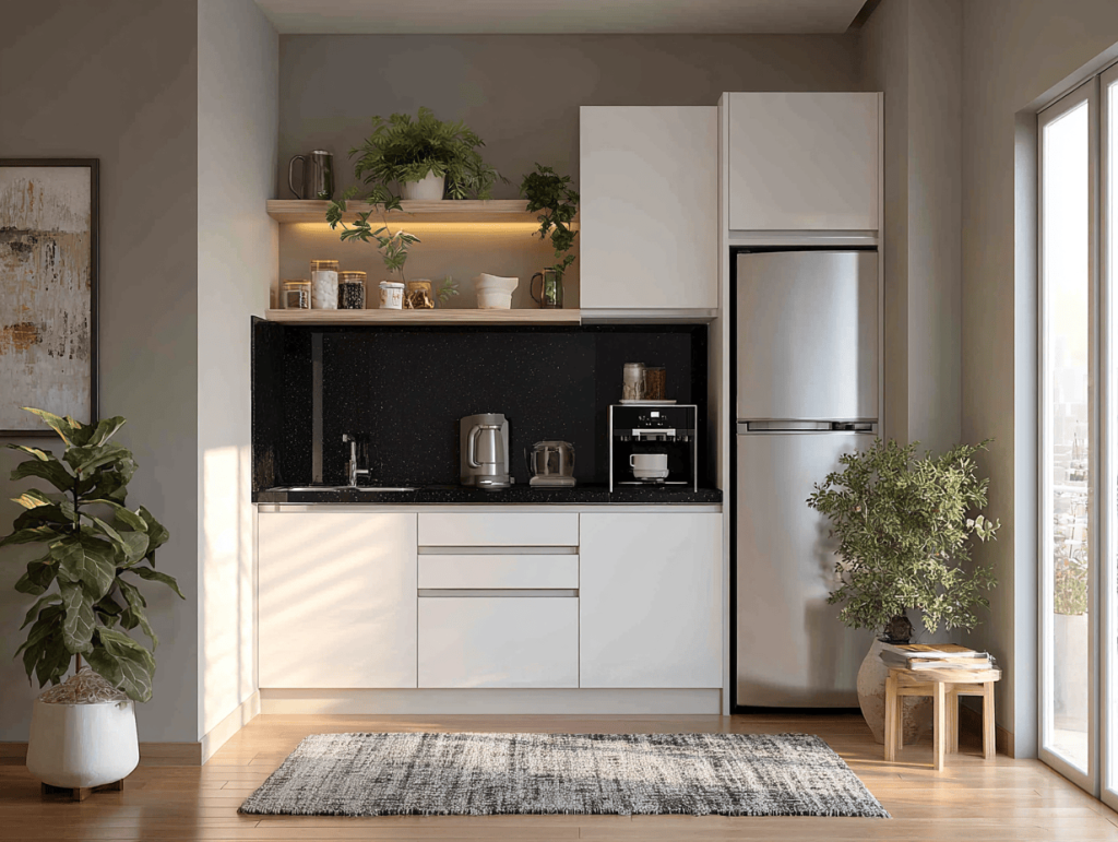 Low cost modular kitchen design with minimalist cabinets and coffee setup