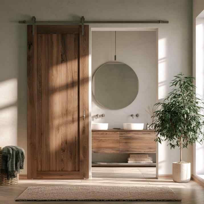 Wood-look sliding bathroom door design with double vanity