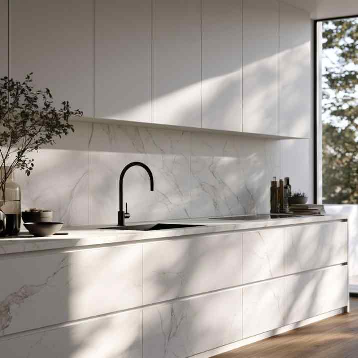  White marble-look kitchen wall tiles backsplash