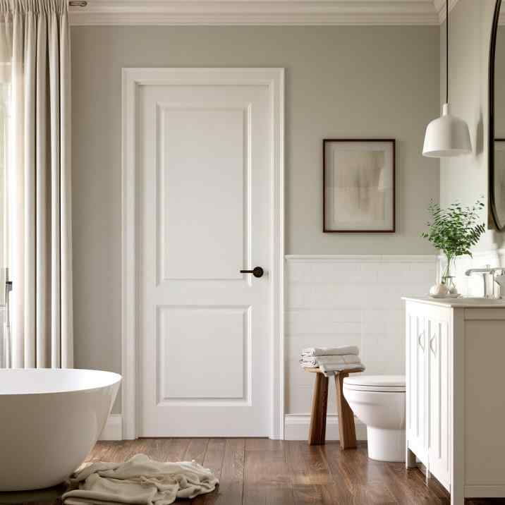 White panelled PVC bathroom door design with black knob
