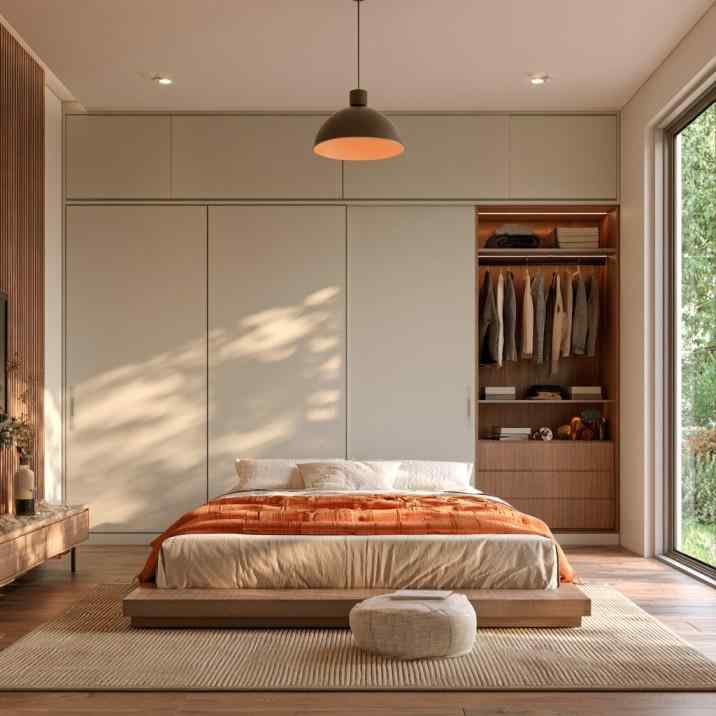 White sliding wardrobe with loft and open wooden section