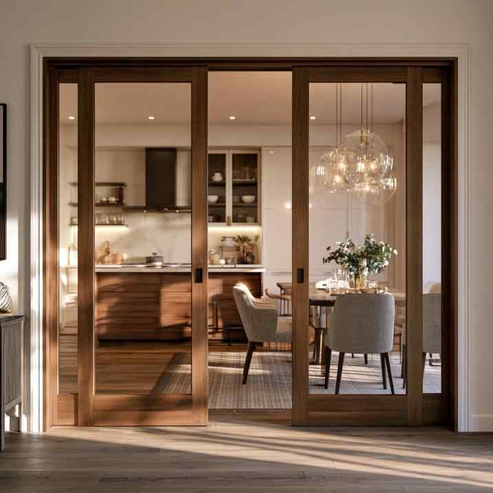 Wooden frame glass kitchen sliding door design