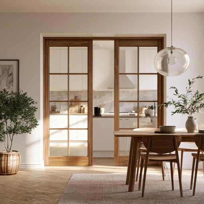  Wooden grid glass sliding doors between kitchen and dining
