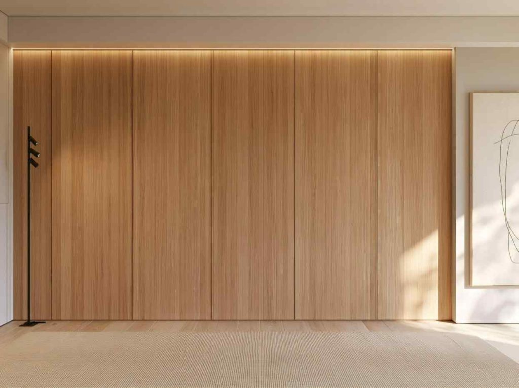 Full-wall light wood sliding wardrobe design